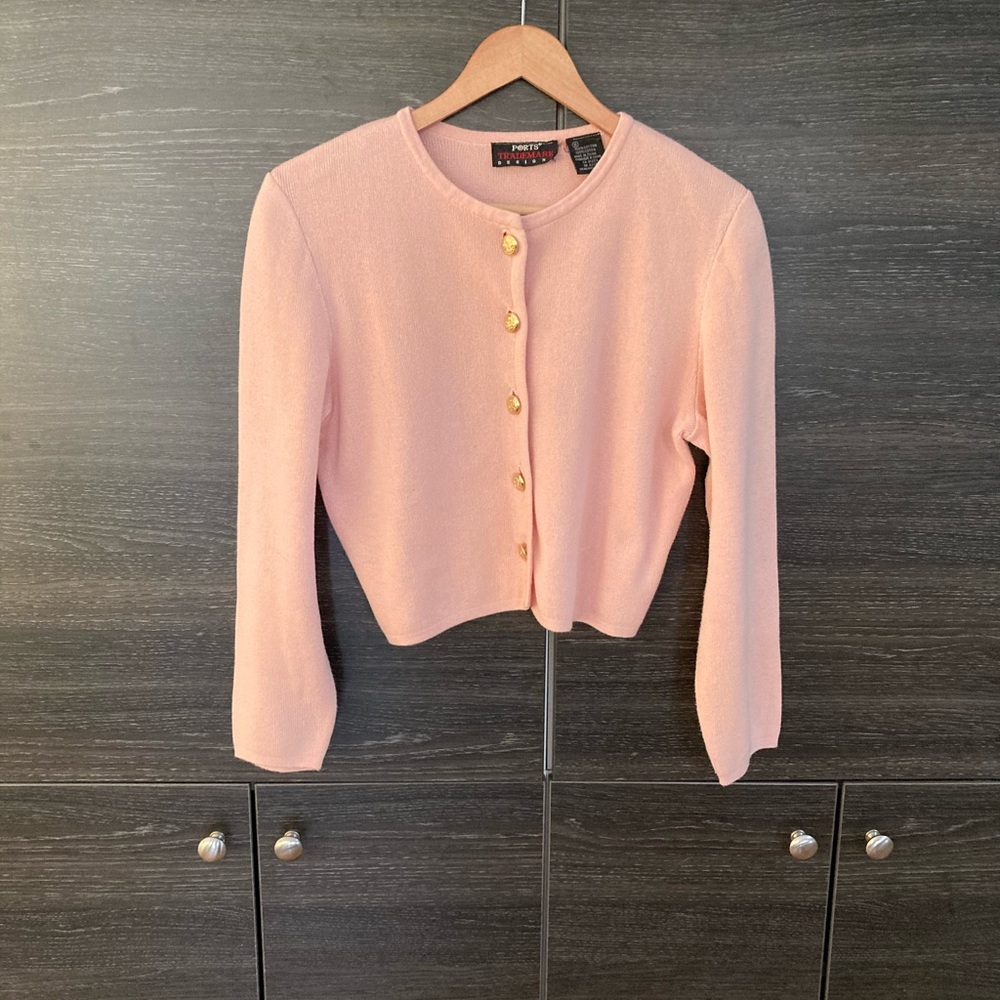EUC Vintage Ports Cropped Pale Pink Cardigan with Gold Buttons Size Small
